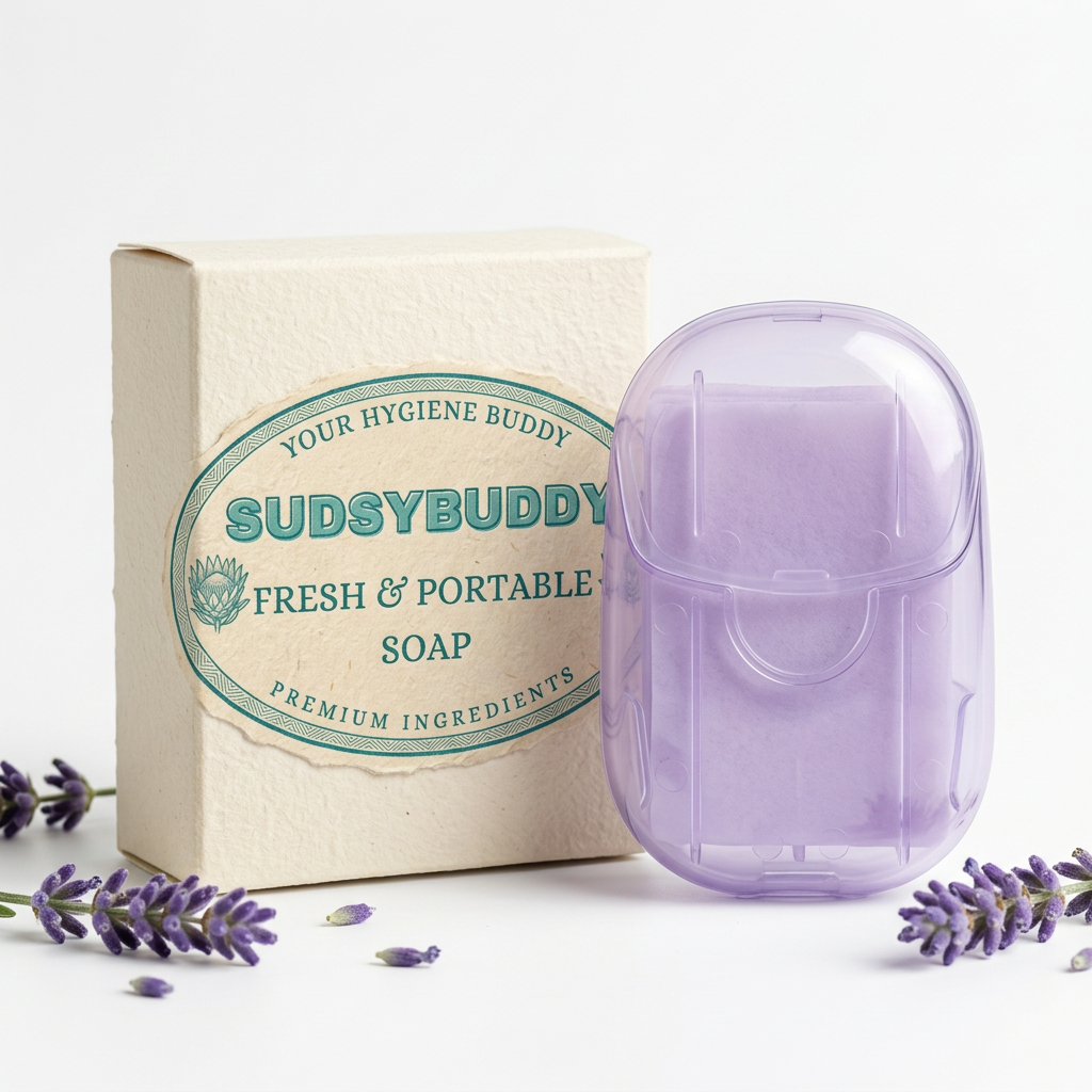 SudsyBuddy Lavender Portable Soap with purple tinted case
