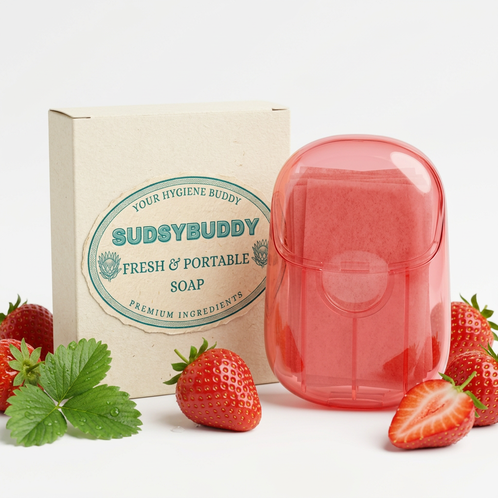 SudsyBuddy Strawberry Portable Soap with red tinted case