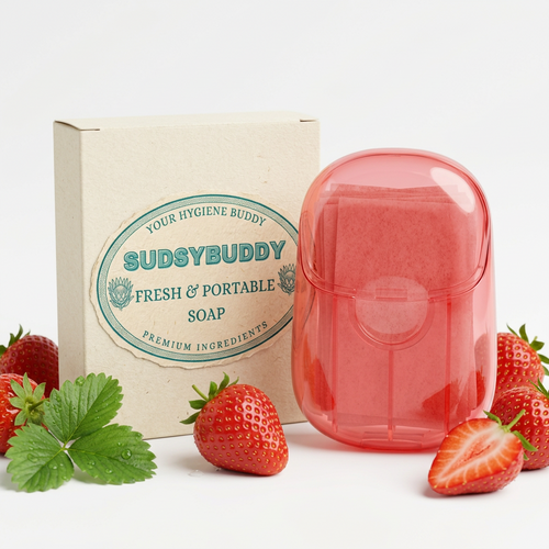 SudsyBuddy Strawberry Portable Soap with red tinted case